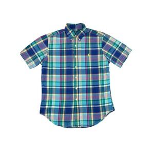 Ralph Lauren Men's Medium SS Madras Plaid Button Down Shirt Blue Green Pony